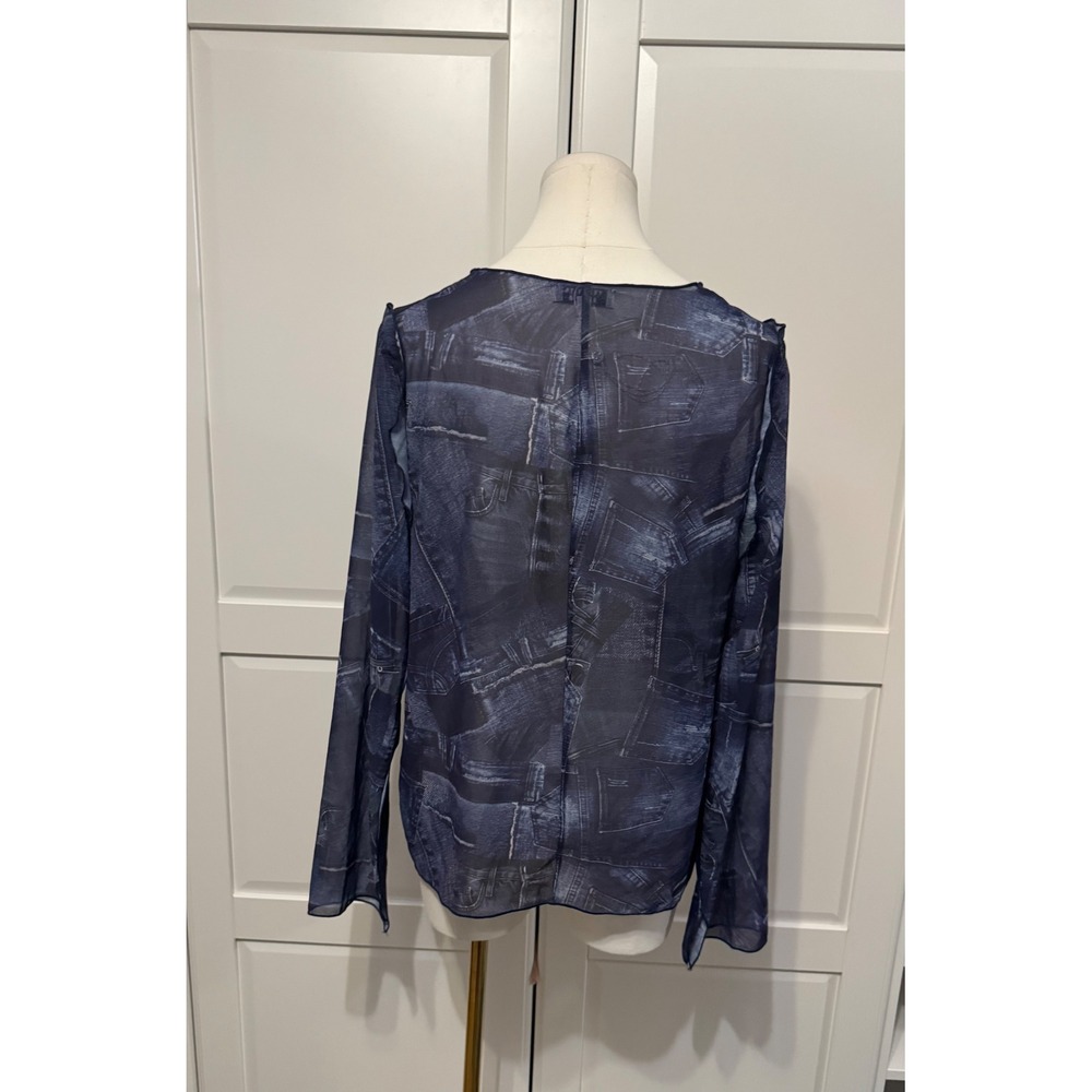 Frankies Bikinis Molly Long Sleeve Shirt in Blue Jean Print Mesh Tie Front Top S - Picture 6 of 9
